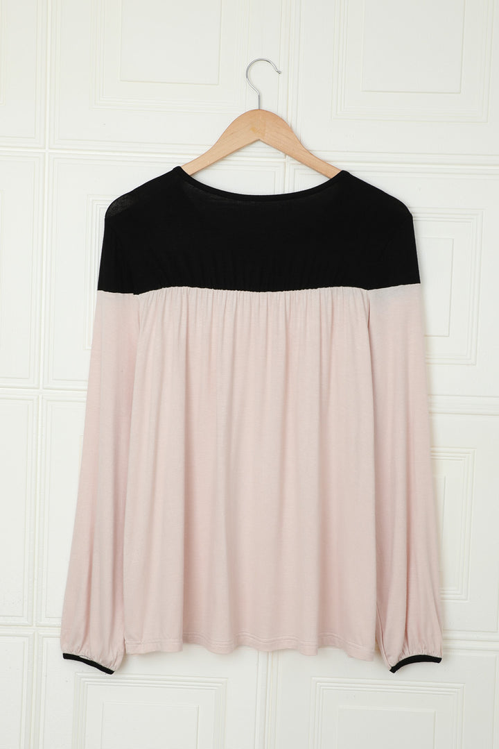 Tunique à manches longues et col rond pour femme, couleur abricot, à blocs de couleurs