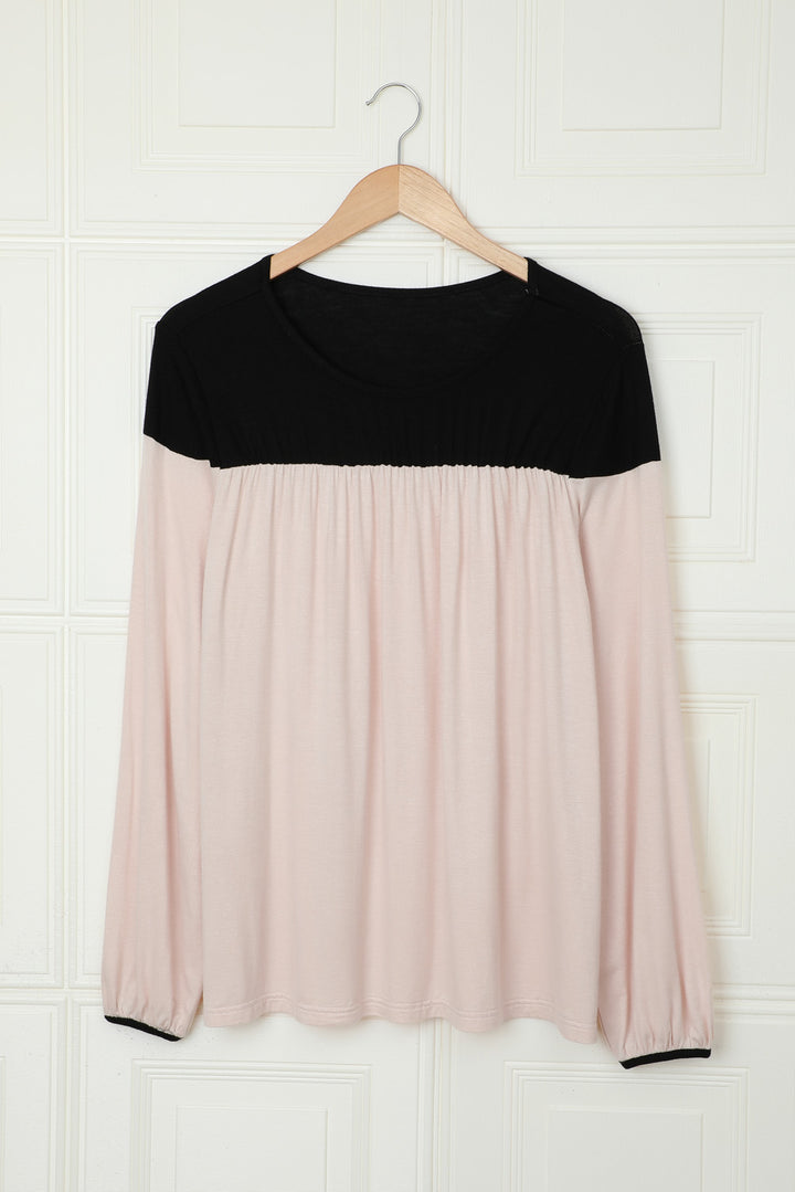 Tunique à manches longues et col rond pour femme, couleur abricot, à blocs de couleurs