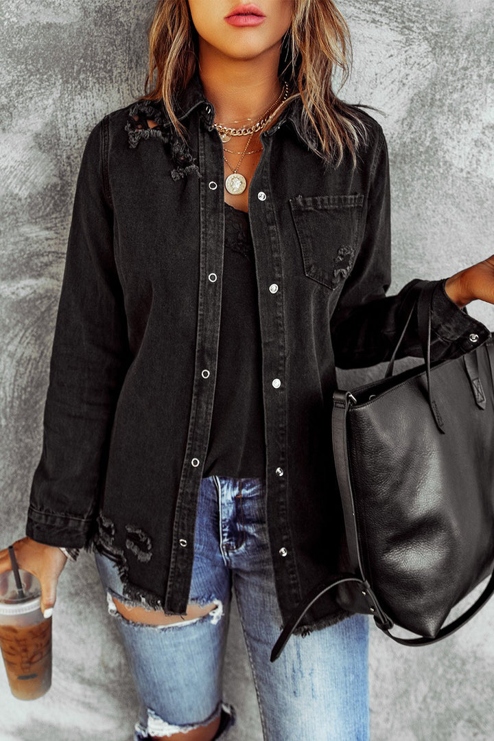 Women Fashion Black Ripped Denim Jacket