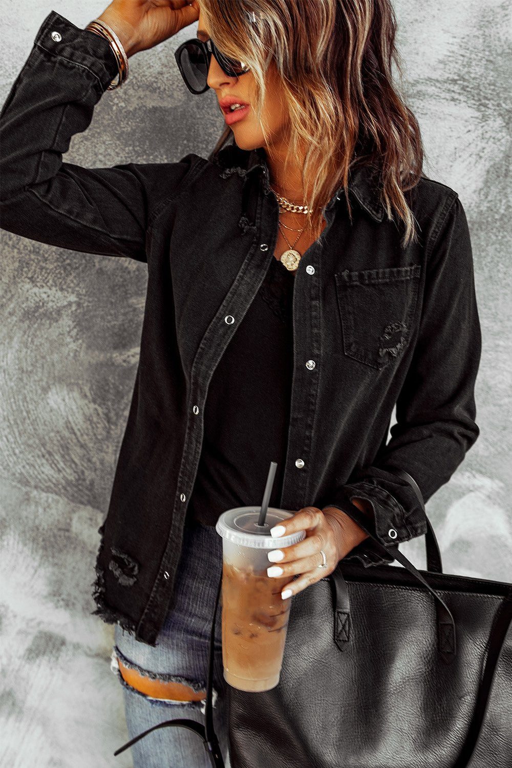 Women Fashion Black Ripped Denim Jacket