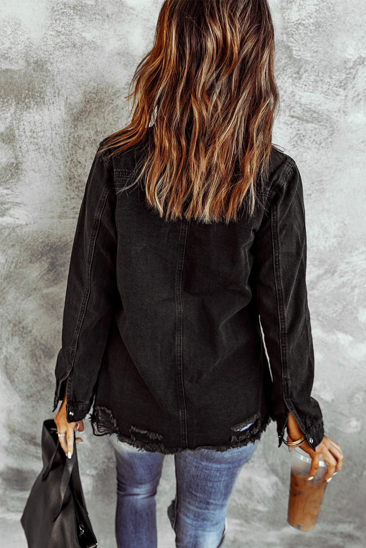Women Fashion Black Ripped Denim Jacket
