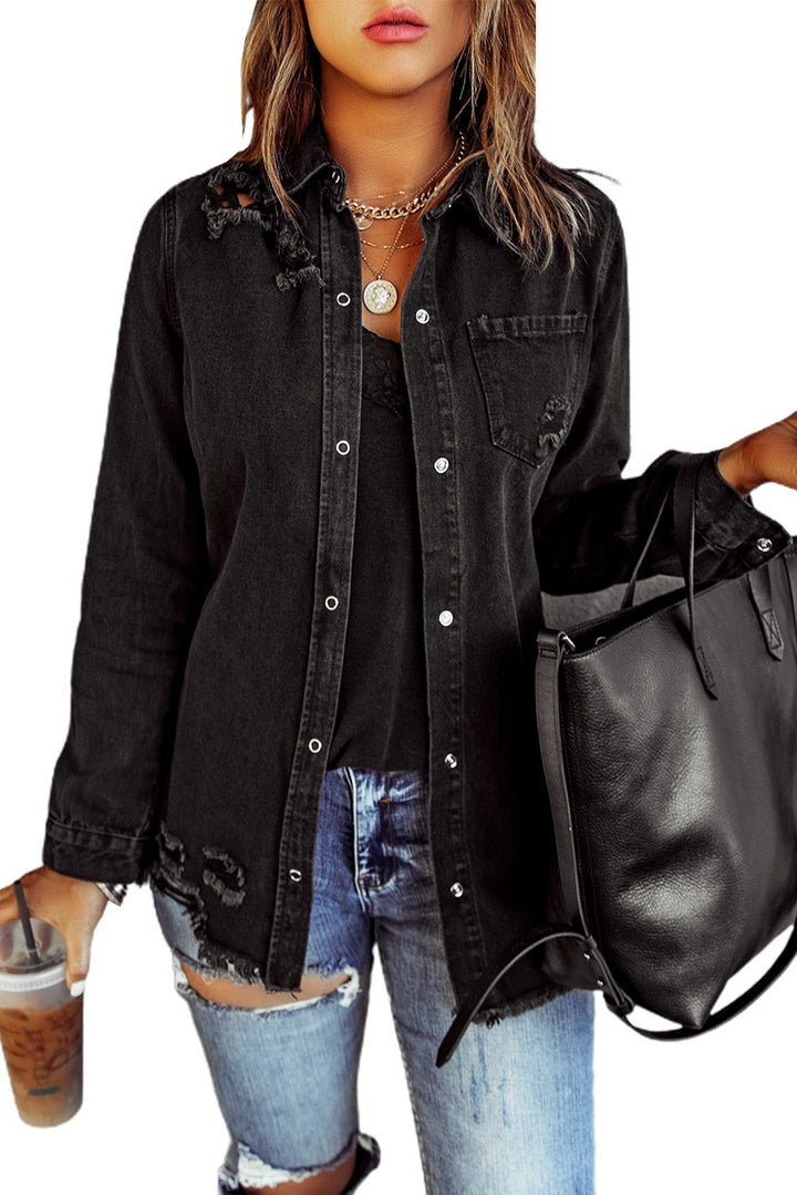 Women Fashion Black Ripped Denim Jacket