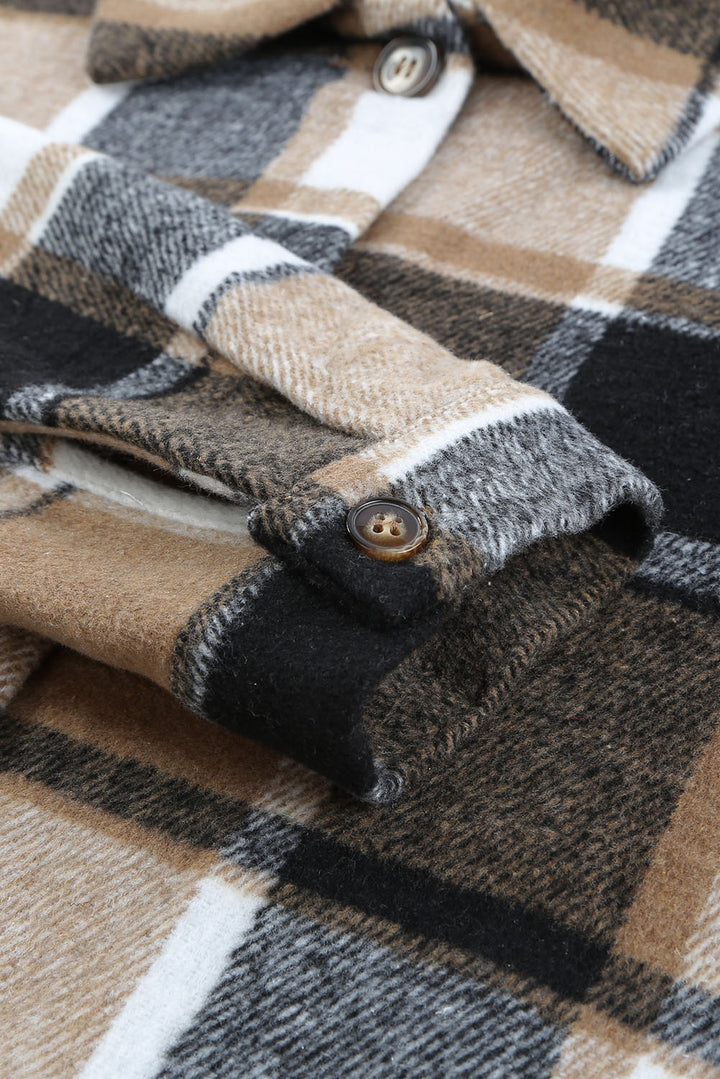 Braune Hemdjacke mit Karomuster und Knöpfen für Damen