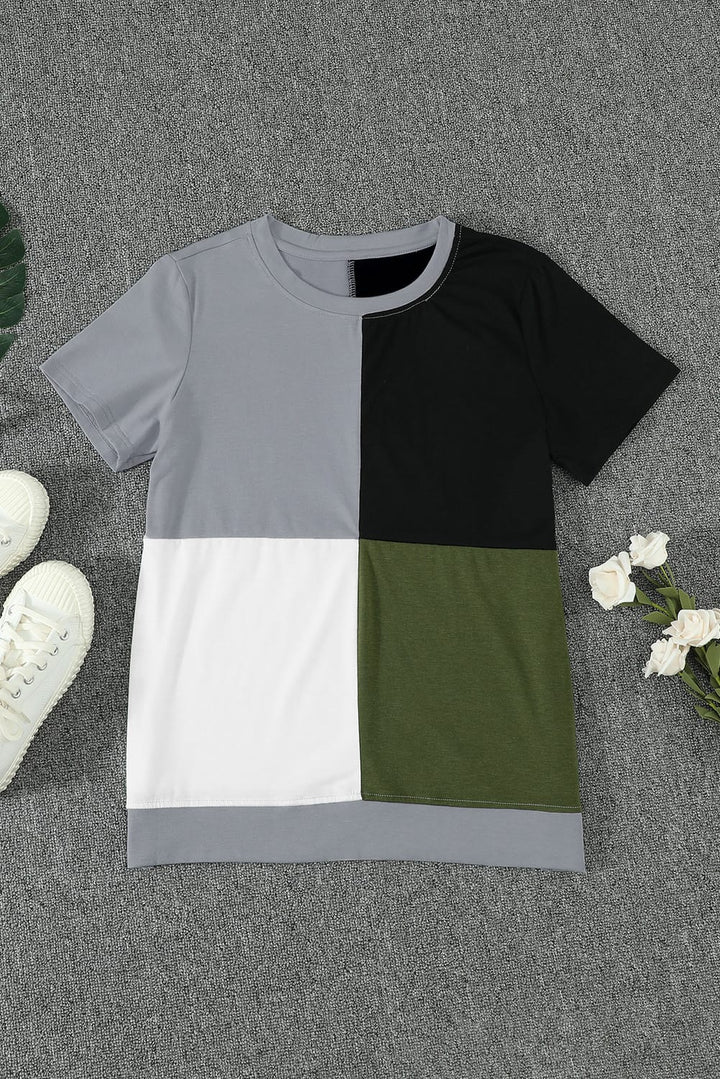 Women's Casual Army Green Colorblock Short Sleeve T-shirt with Slits