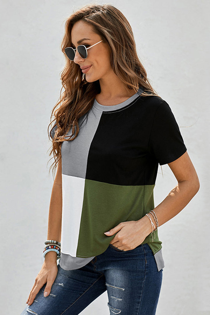 Women's Casual Army Green Colorblock Short Sleeve T-shirt with Slits