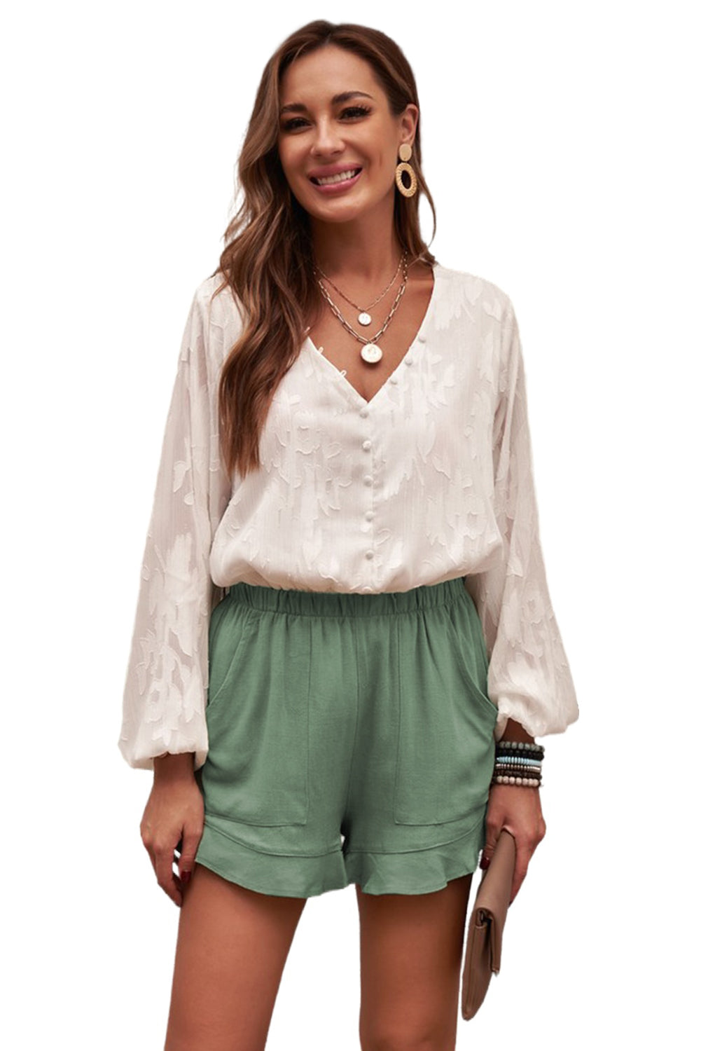 Women's Summer Pocketed Flutter Green Linen Cotton Shorts