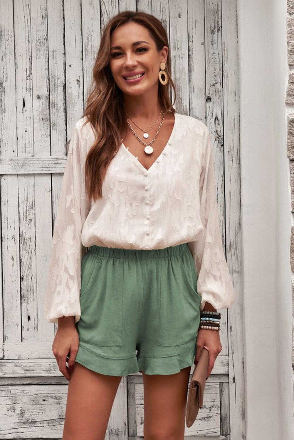 Women's Summer Pocketed Flutter Green Linen Cotton Shorts