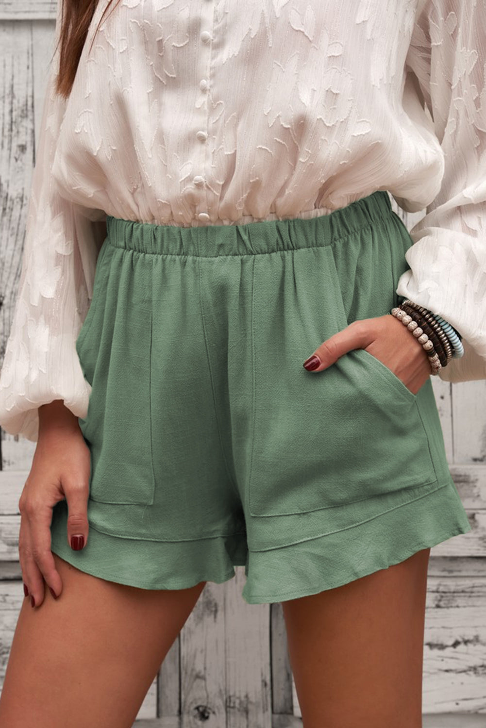 Women's Summer Pocketed Flutter Green Linen Cotton Shorts