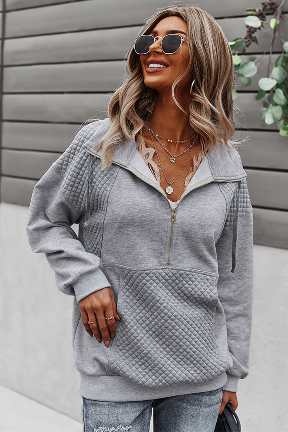 Women's Gray Quilted Patch Half Zipper Sweatshirt