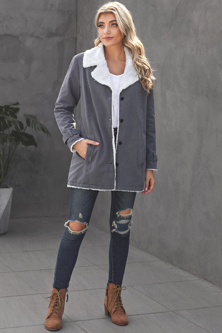 Women's Gray Lapel Collar Button Fleece Jacket