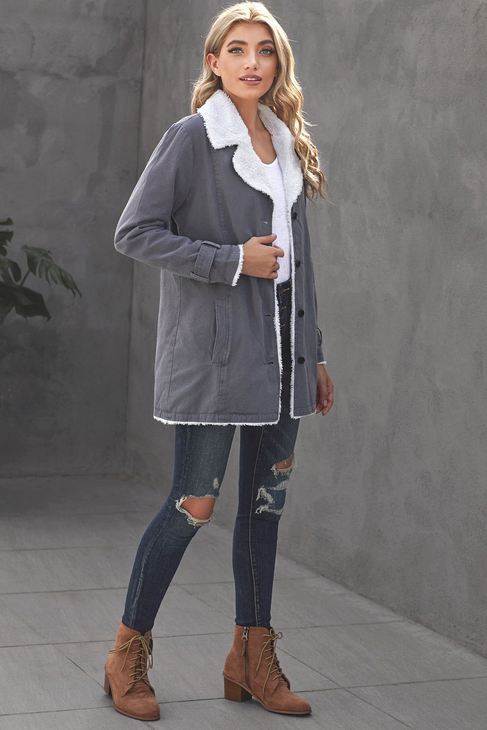 Women's Gray Lapel Collar Button Fleece Jacket