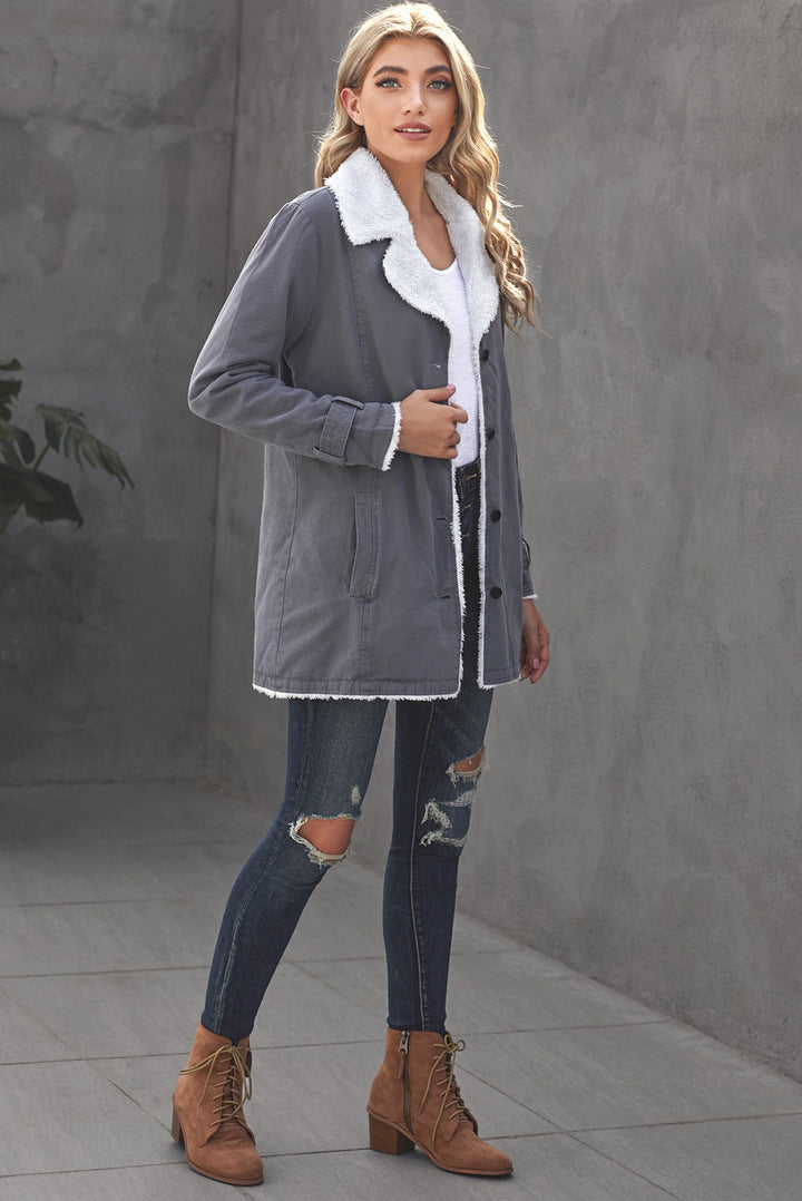 Women's Gray Lapel Collar Button Fleece Jacket