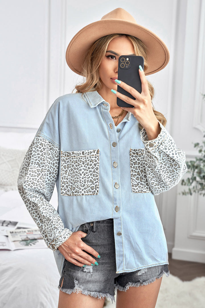 Women's Sky Blue Contrast Leopard Denim Jacket, Shop for cheap Women's Sky Blue Contrast Leopard Denim Jacket online? Buy at Modeshe.com on sale!