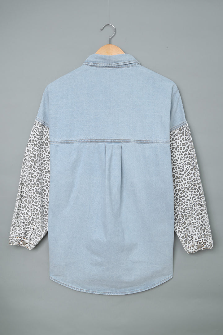 Women's Sky Blue Contrast Leopard Denim Jacket