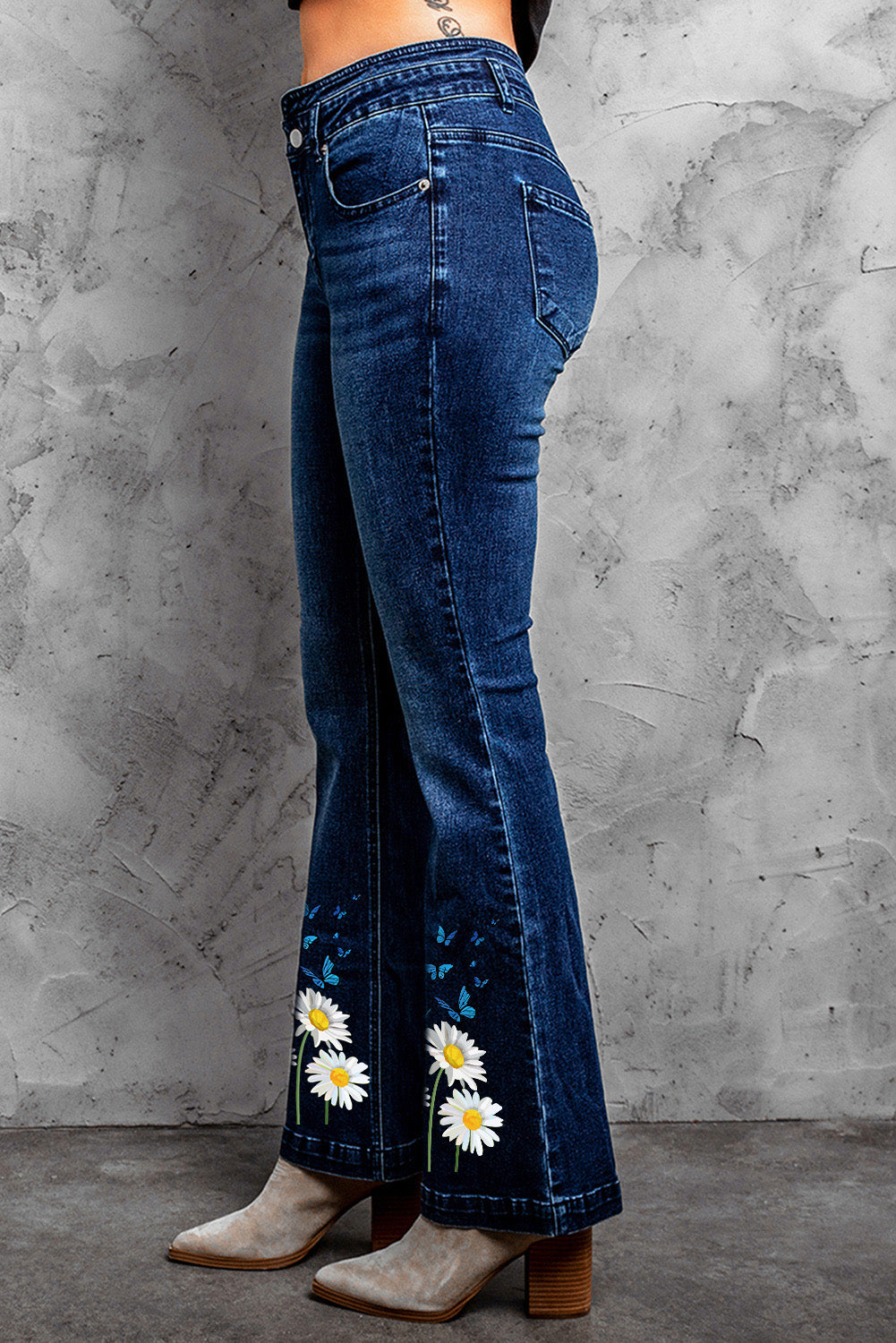 Womens Blue Daisy Print High Waist Flare Jeans