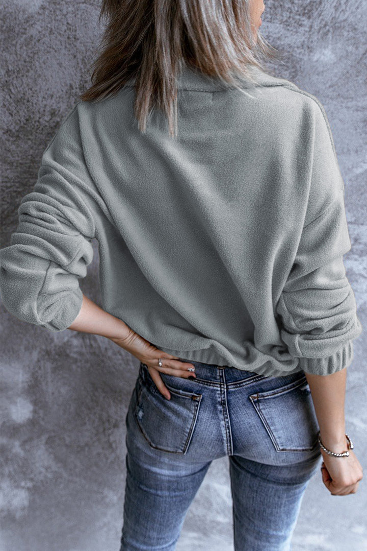 Womens Grey Turn-down Collar Zipper Fleece Pullover Sweatshirt