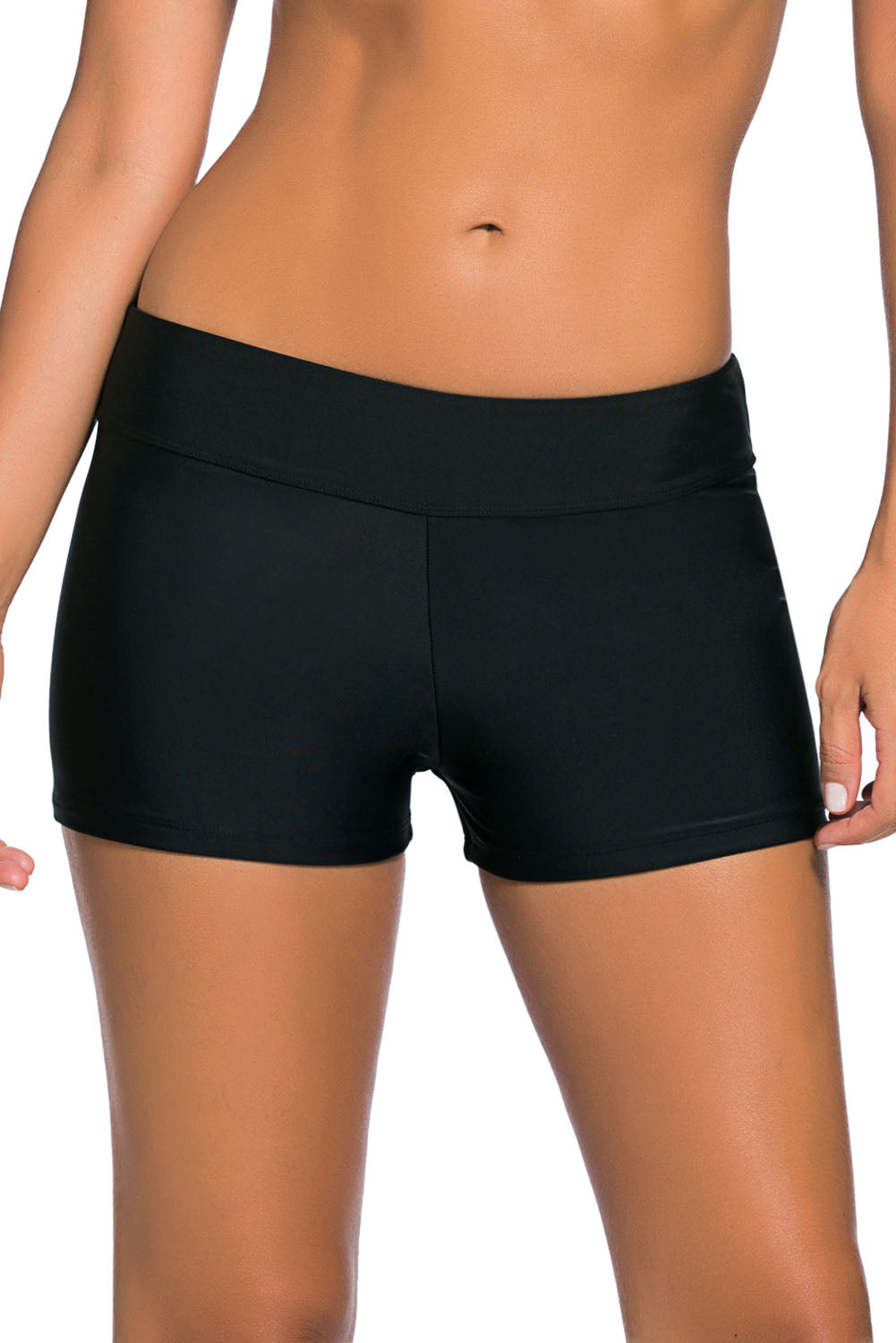 Womens Black Wide Waistband Swimsuit Bottom Shorts