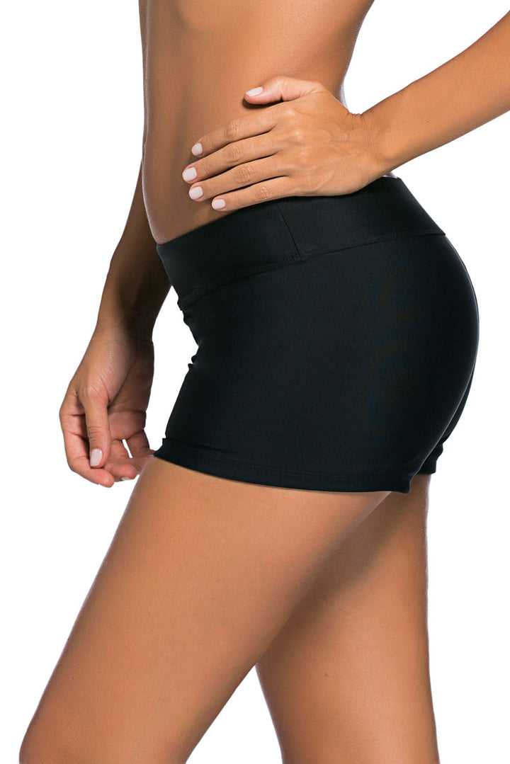 Womens Black Wide Waistband Swimsuit Bottom Shorts