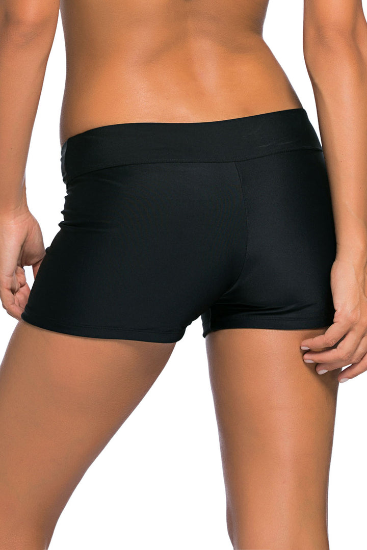 Womens Black Wide Waistband Swimsuit Bottom Shorts