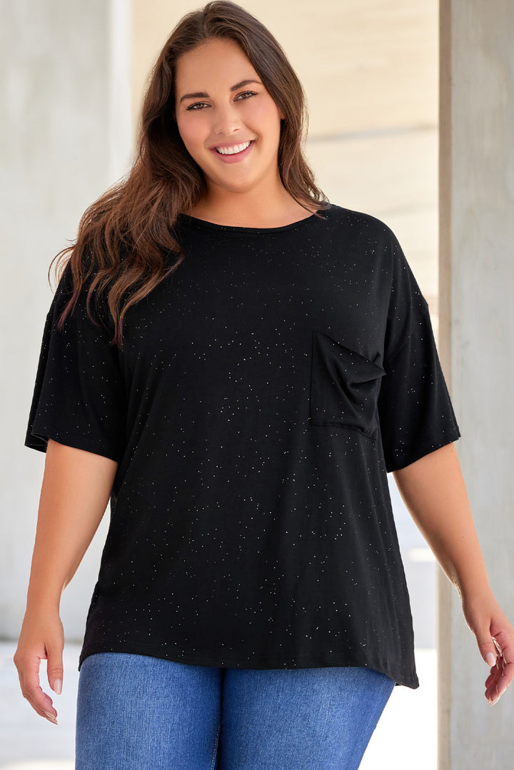 Black Splatter Allover Plus Size Pocketed T-shirt