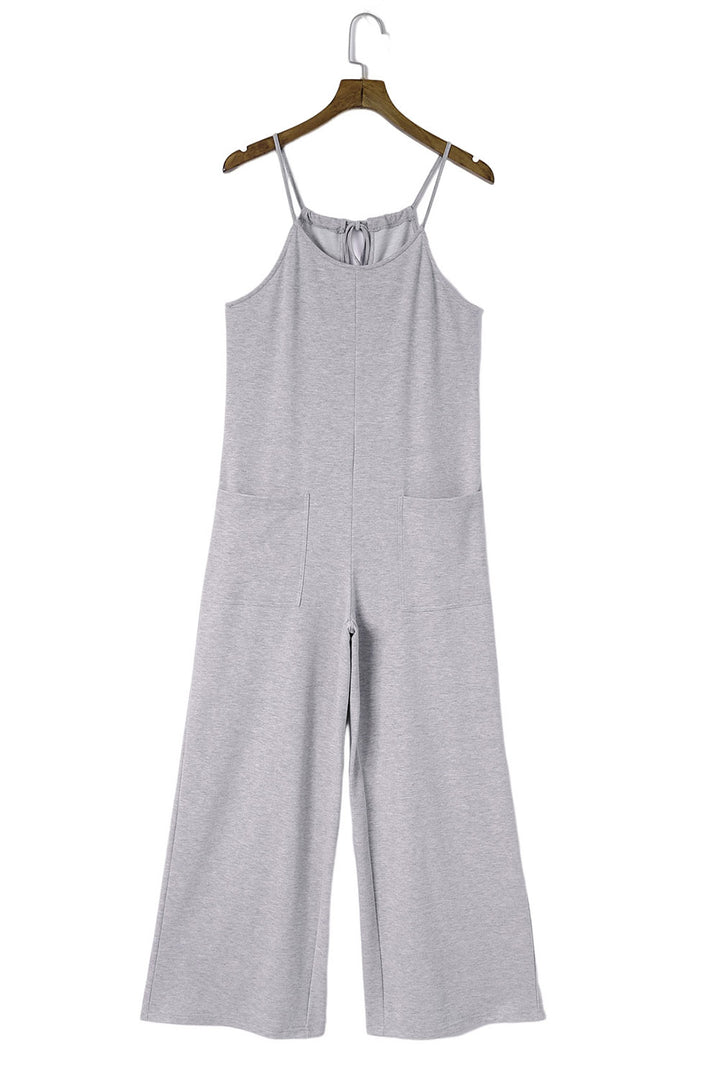 Gray Patch Pockets Spaghetti Strap Wide Leg Jumpsuit