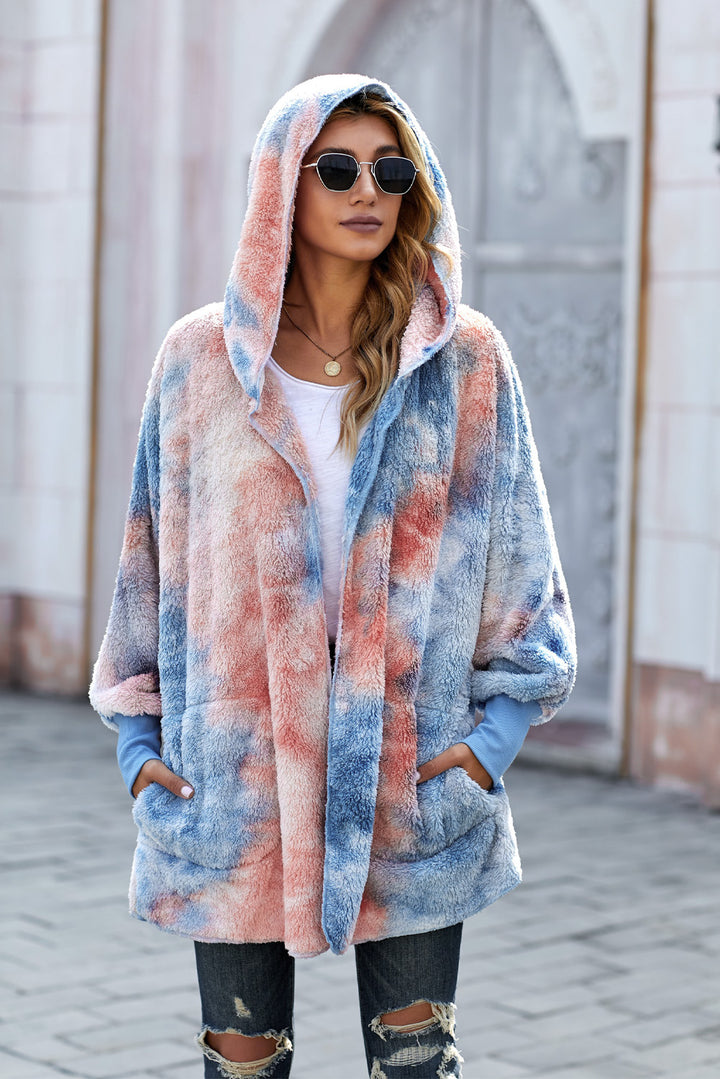 Womens Blue Orange Tie Dye Soft Fleece Hooded Open Front Coat
