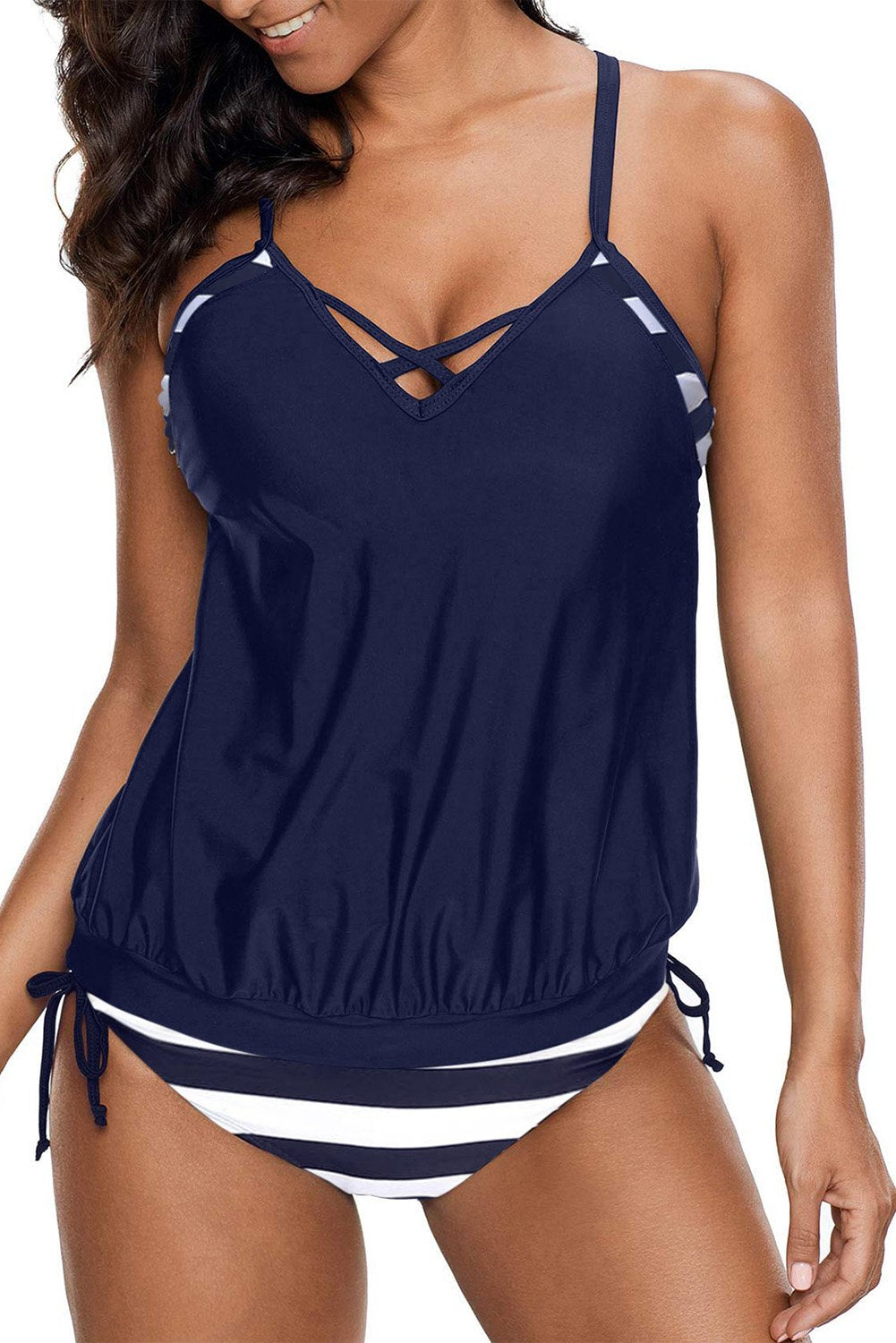 Women's Navy Blue 2 Piece Tankini with Stripes Patchwork