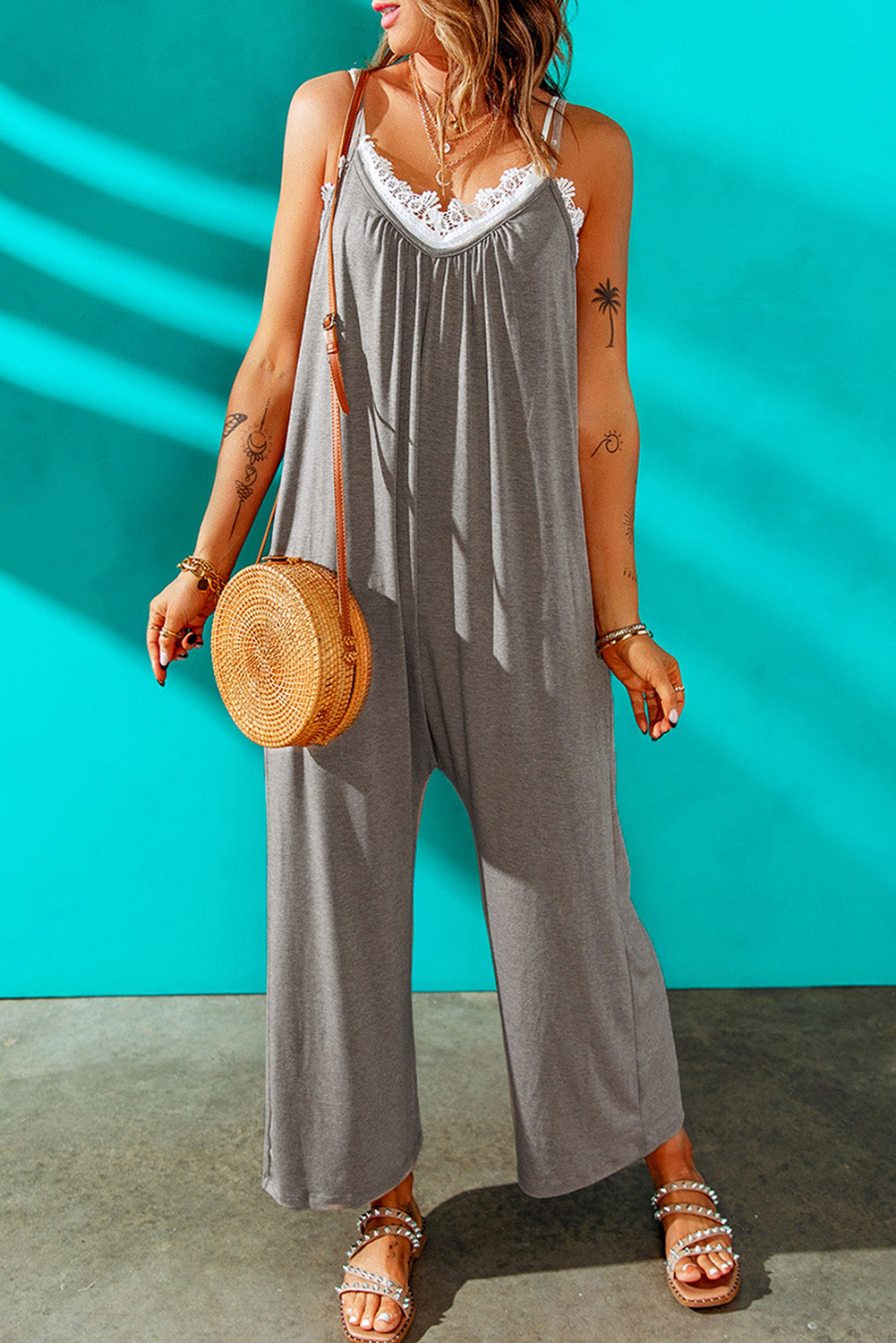 Gray Spaghetti Straps Wide Leg Pocketed Jumpsuits