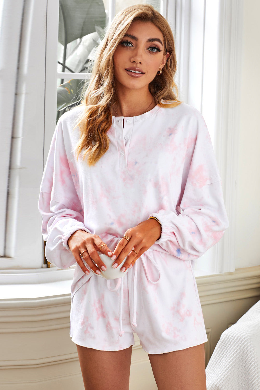Pink Tie Dye Knit Long Sleeve and Short Pajamas Set