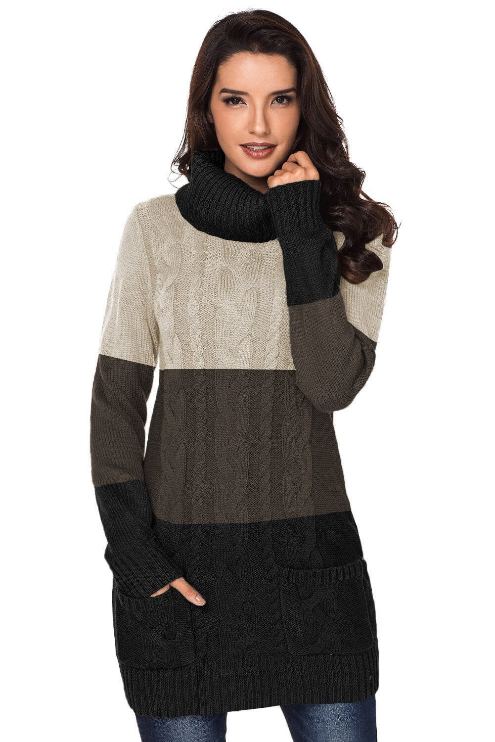 Brown Colorblock Pockets Cowl Neck Cable Knit Sweater Dress