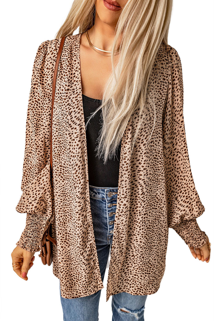 Apricot Animal Print Shirred Cuff Lantern Sleeve Cardigan