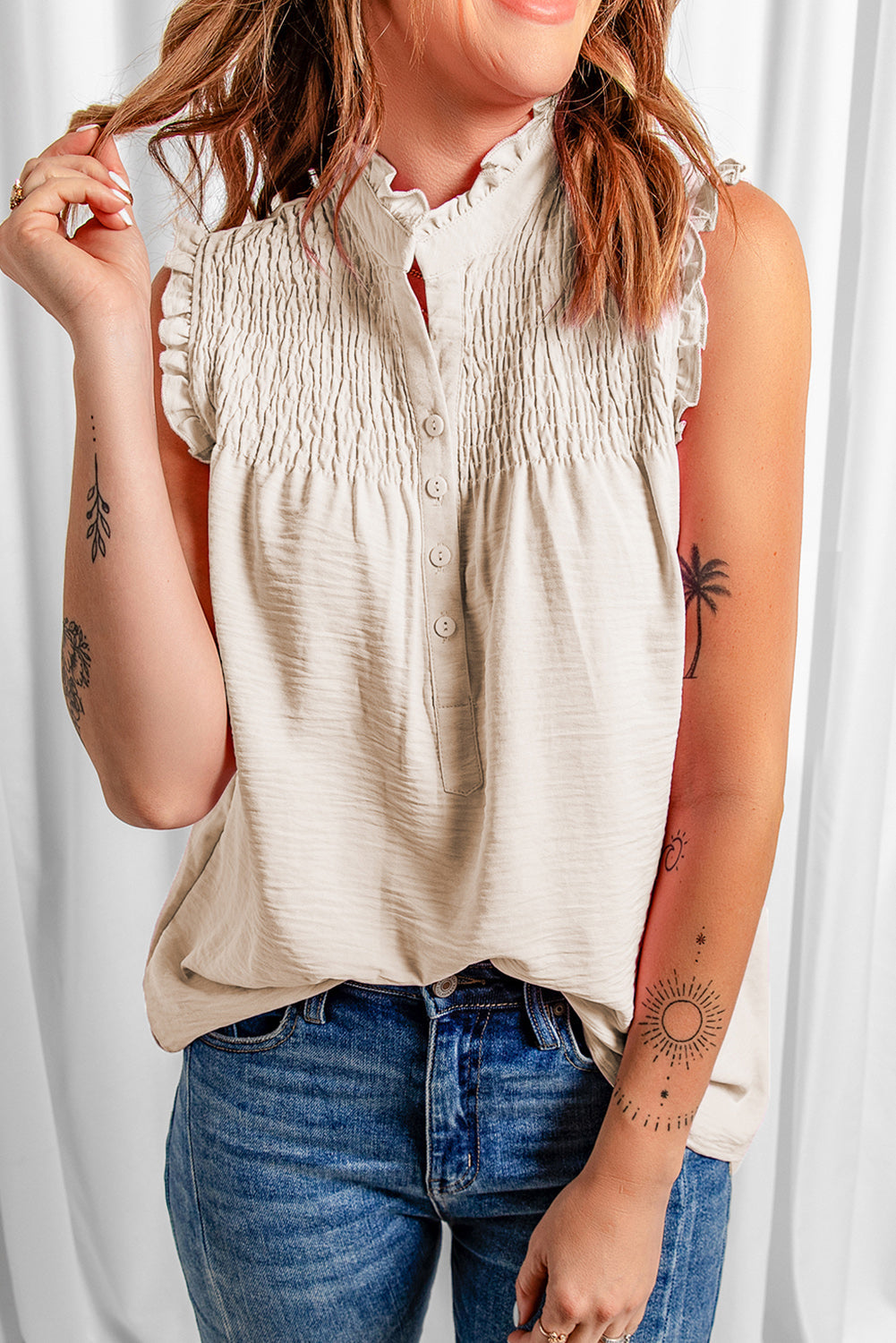 Casual Apricot Frilled  Buttons Tank Top