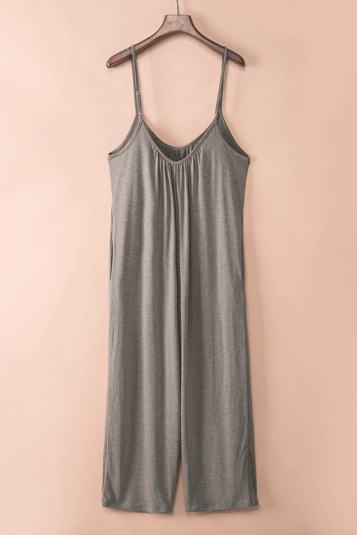Gray Spaghetti Straps Wide Leg Pocketed Jumpsuits