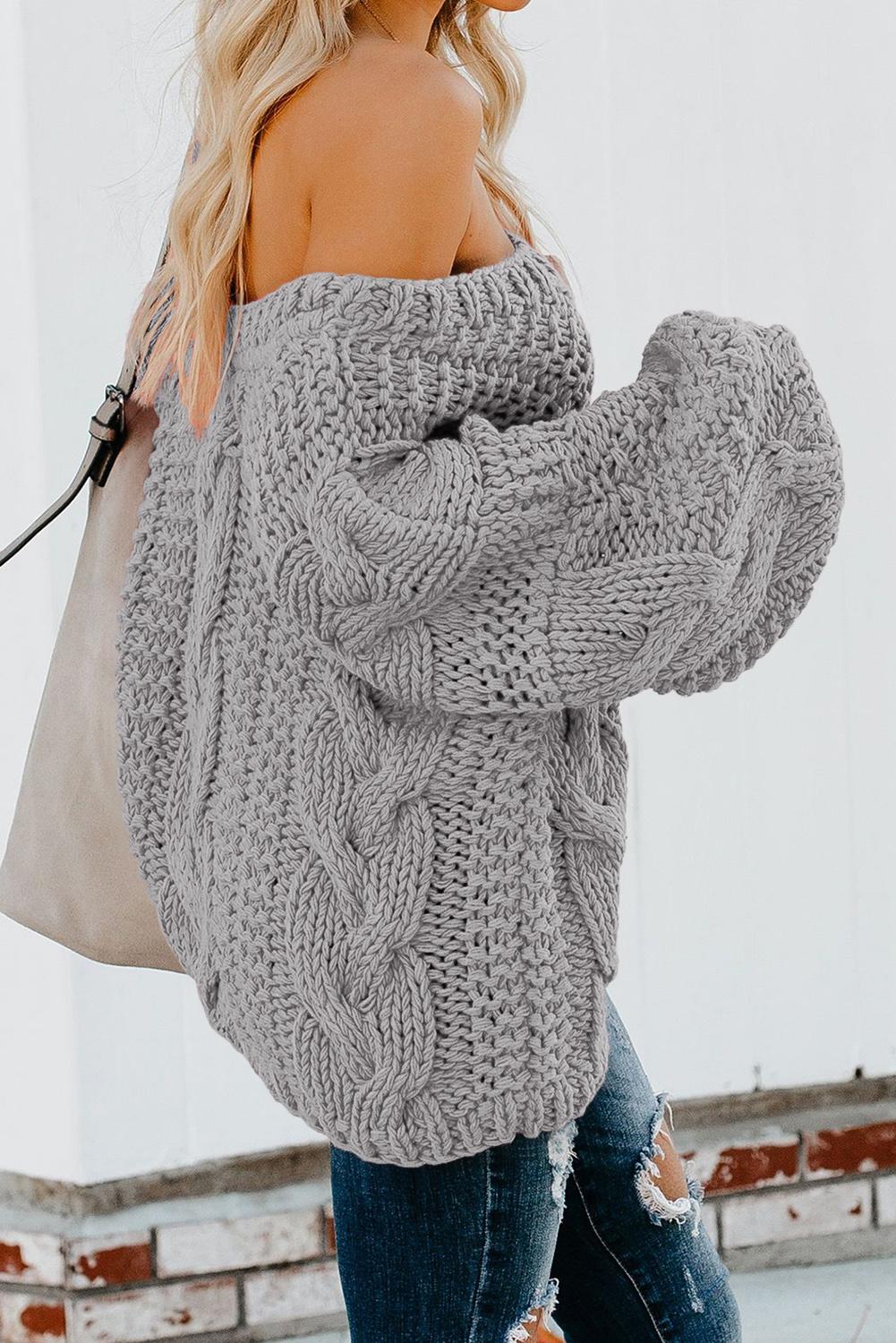 Sexy Relaxing V-Neck Braided Knit Puffy Shoulder Exposing Sweater