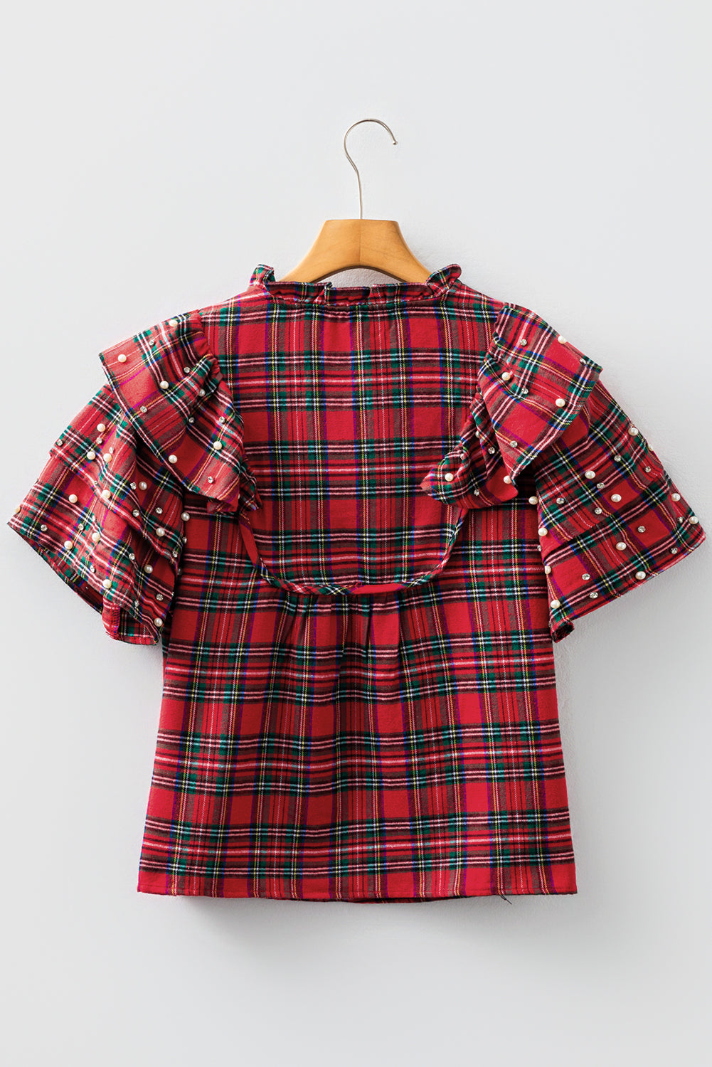 Festive Plaid Pearl Embellished Ruffle Short Sleeve Blouse