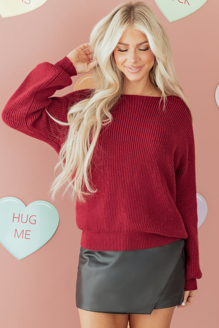 Ribbed Knit Ribbon Knot Backless Drop Shoulder Sweater