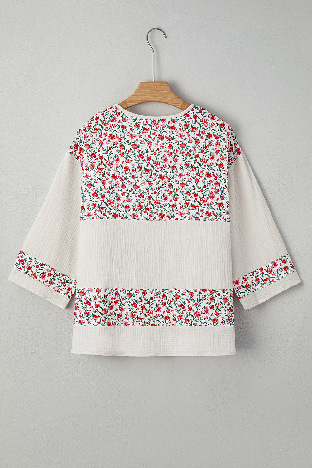Floral Print Gauze Patchwork Henley Button 3/4 Sleeve Blouse