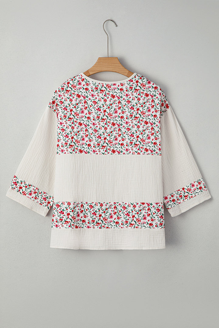 Floral Print Gauze Patchwork Henley Button 3/4 Sleeve Blouse