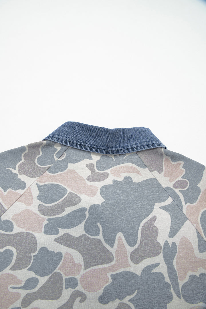 Multicolour Camouflage Print Denim Patchwork Polo Collar Tee