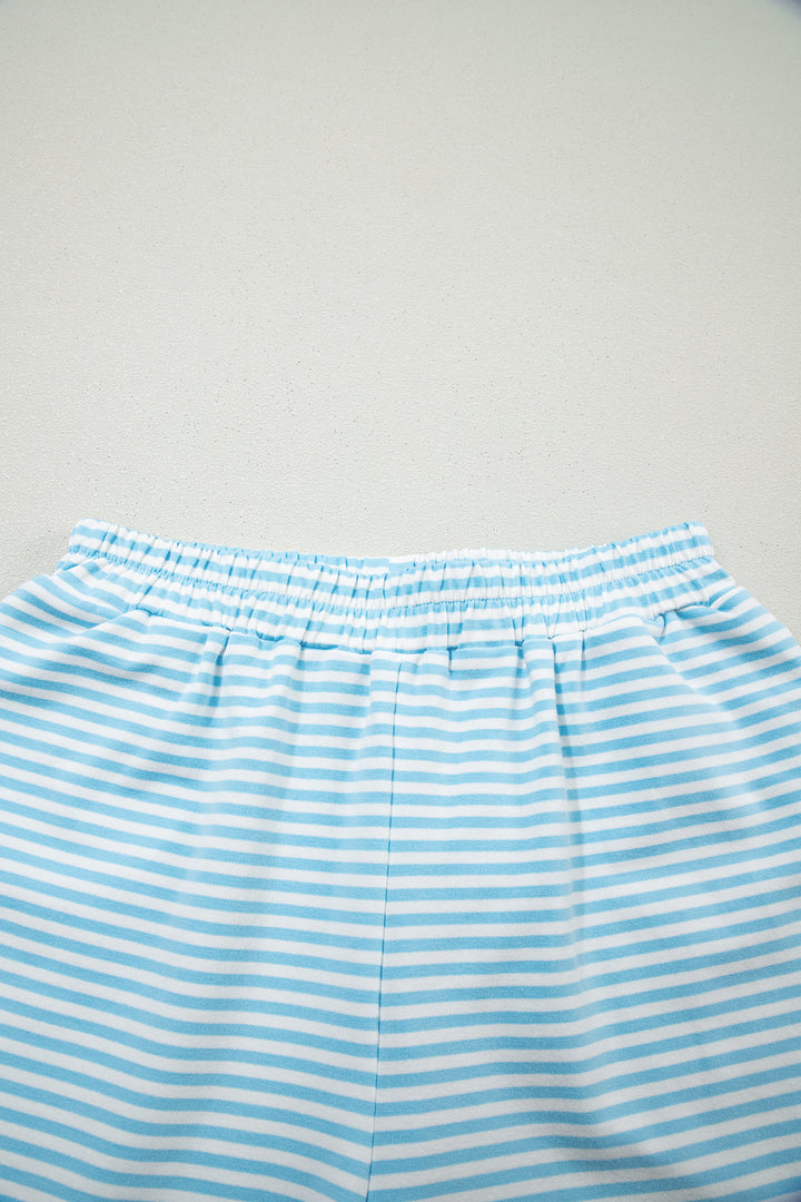 Sky Blue Stripe Oversize Mock Neck Sweatshirt and Shorts Set