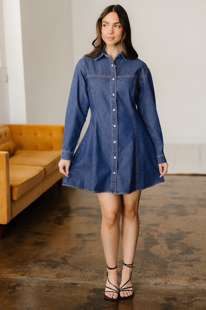 Denim Shirt Collar Long Sleeve Flared Mini Dress