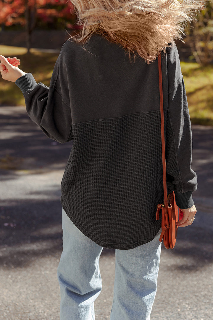Waffle Knit Patchwork Half Zipped Casual Sweatshirt