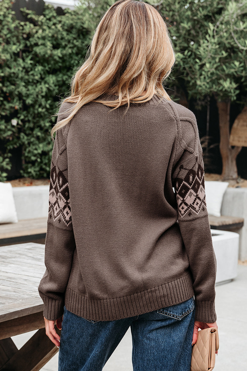 Western Geometric Patterned Crew Neck Knitted Sweater