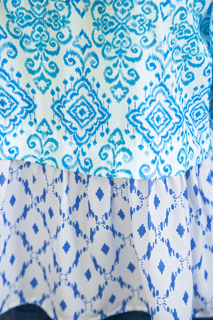 Sky Blue Boho Floral Geometric Patchwork Short Puff Sleeve Babydoll Blouse