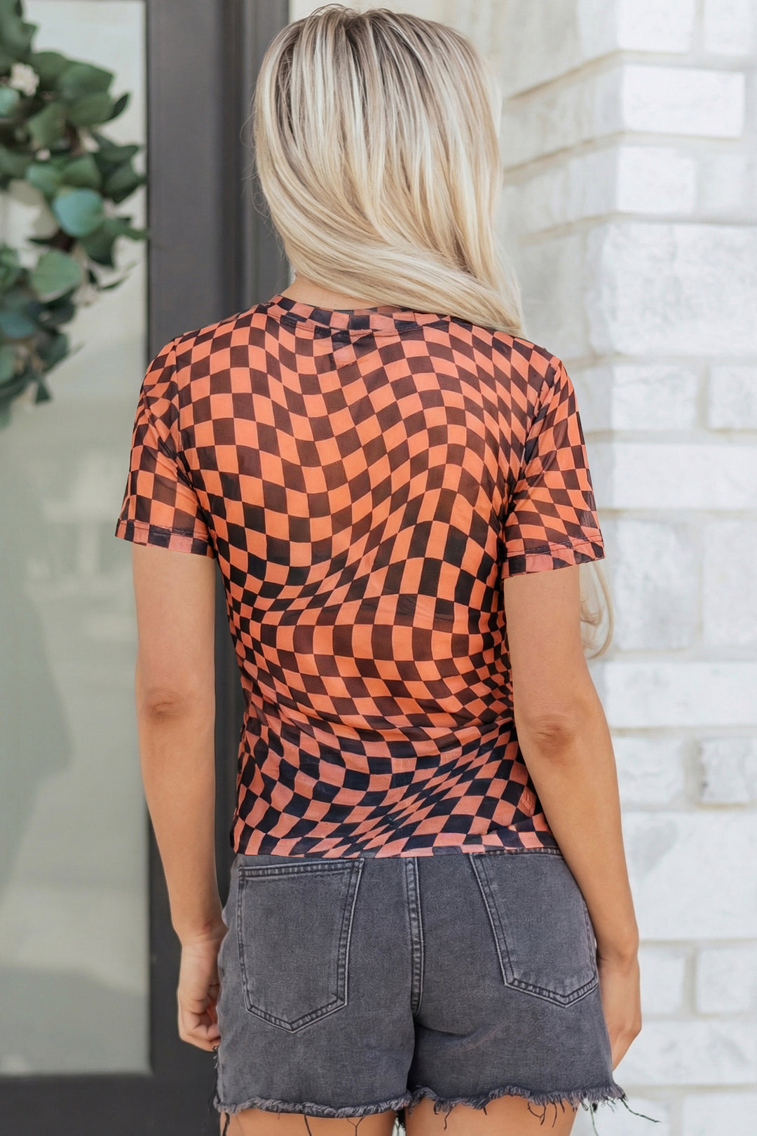Checkered Print Crew Neck Mesh T Shirt