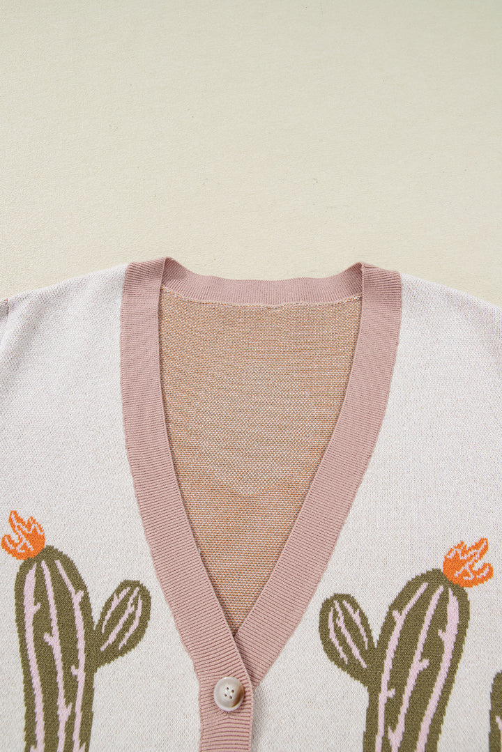 Apricot Western Desert Cactus Print Plus Size Button Cardigan Sweater