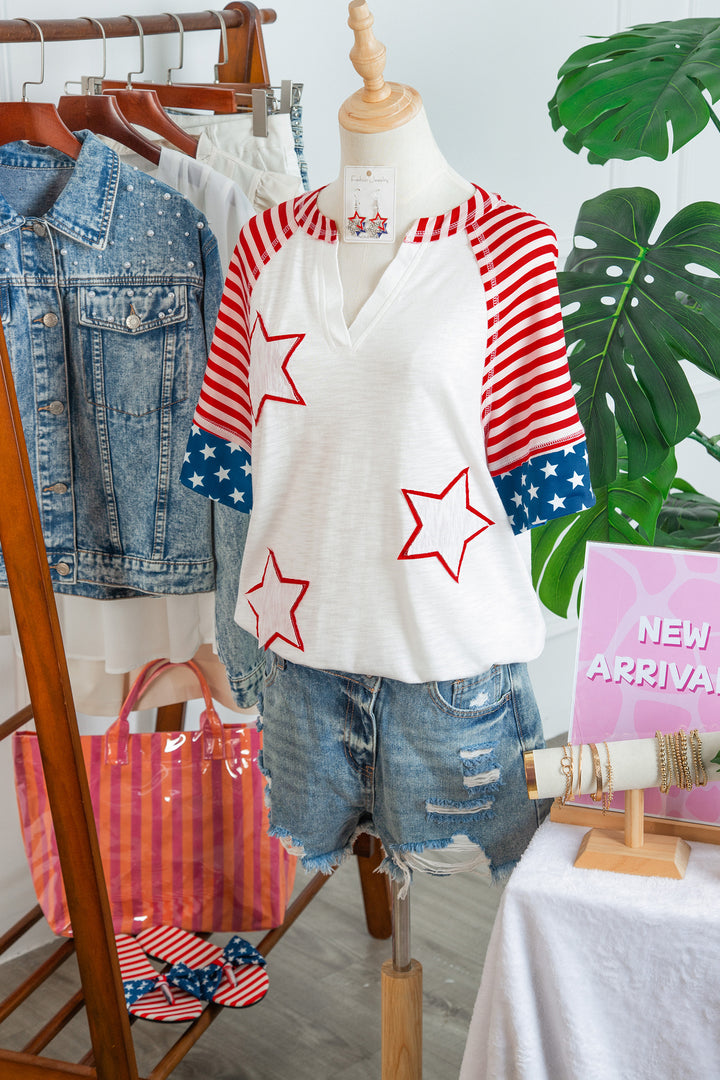 Fiery Red Star Detail Flag Inspired Short Sleeve Top