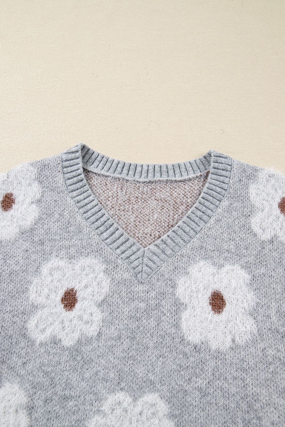 Cute Flower Print V Neck Drop Shoulder Baggy Sweater
