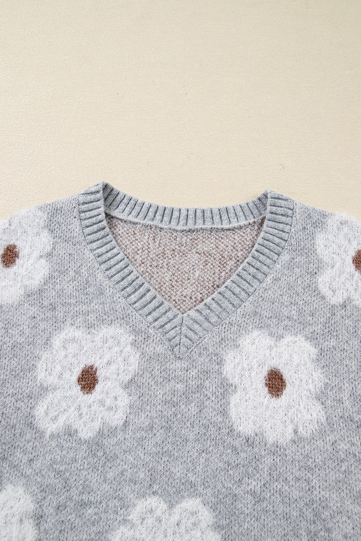 Cute Flower Print V Neck Drop Shoulder Baggy Sweater