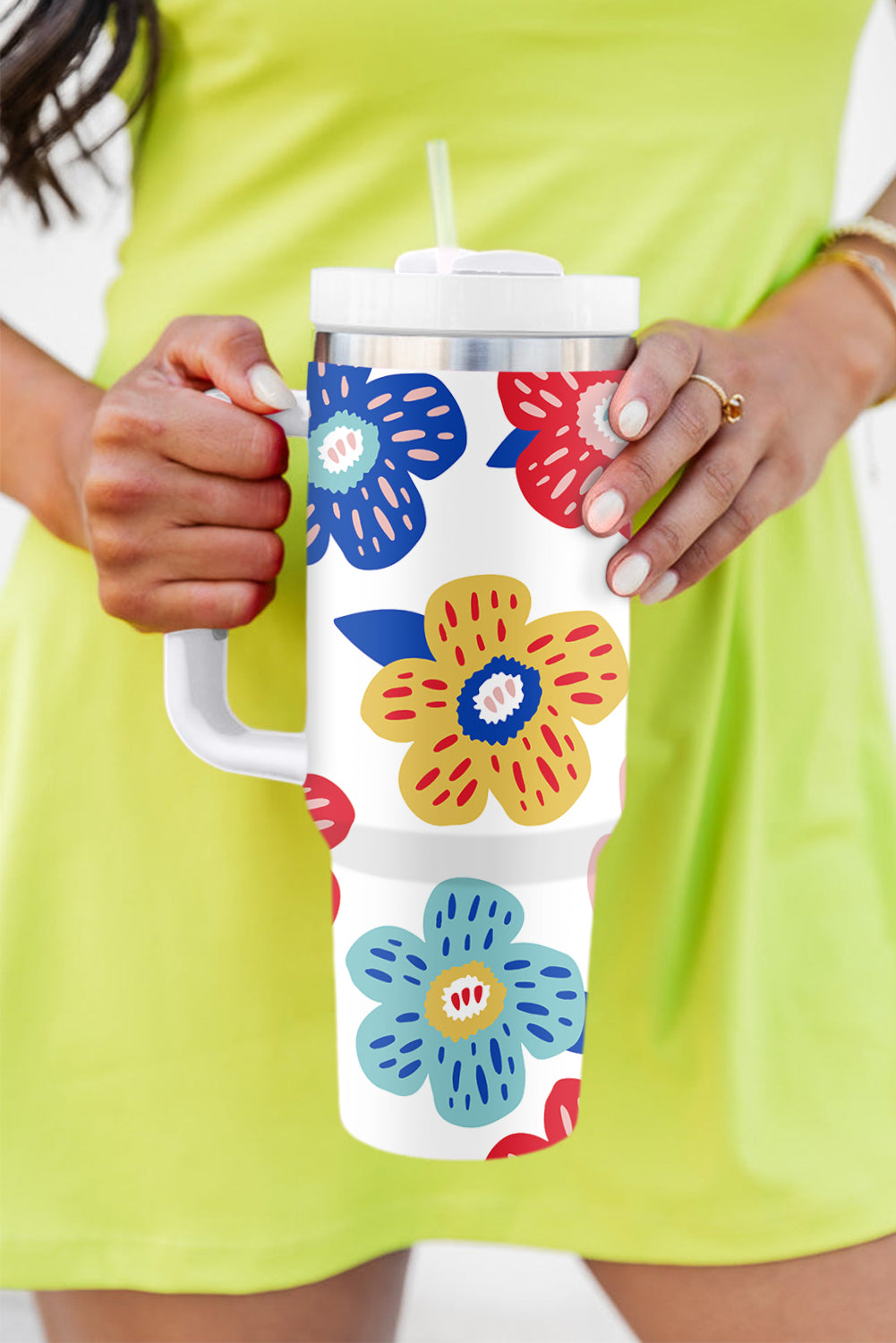 Flower Pattern Stainless Vacuum Cup with Handle 40oz